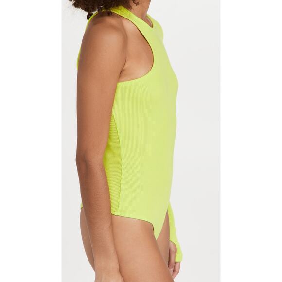 AGolde Bea Asymmetric Cutaway Thong Bodysuit Lime Green Thumb Hole Size Large - Picture 15 of 16